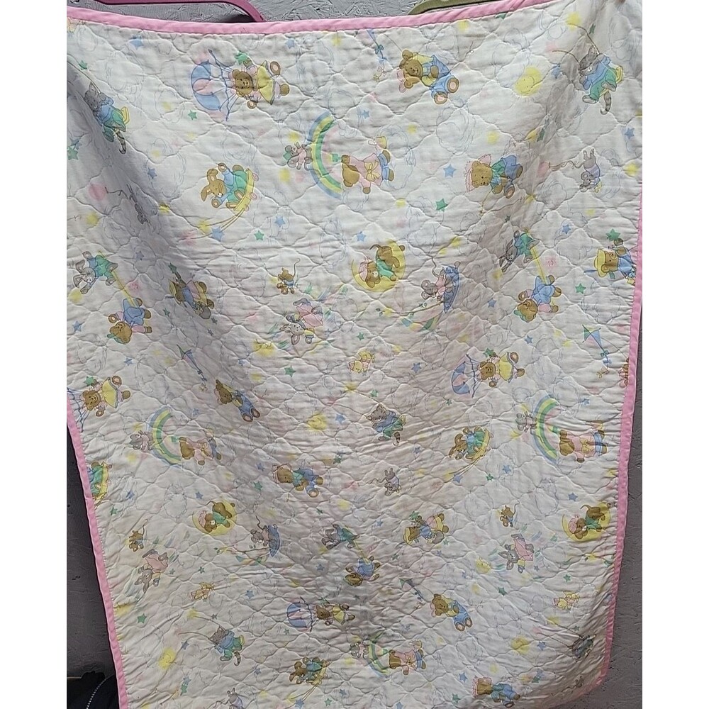 VTG Baby Nursery Crib Quilt Blanket‎ 44x34 Teddy Bears Bunny Cats